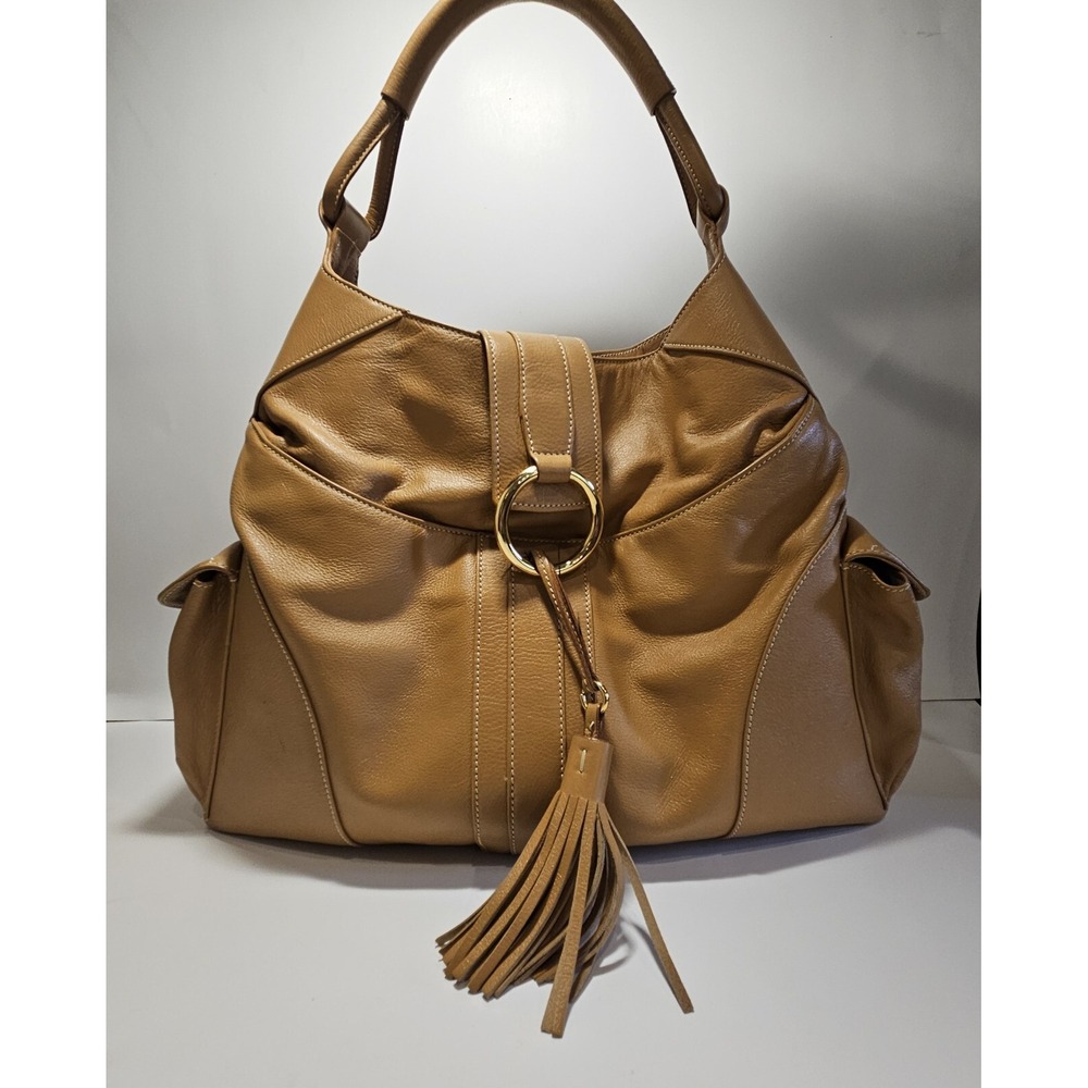Jane Bolinger Tan Leather Hobo Shoulder Bag Gold Hardware Tassel Made in Italy
